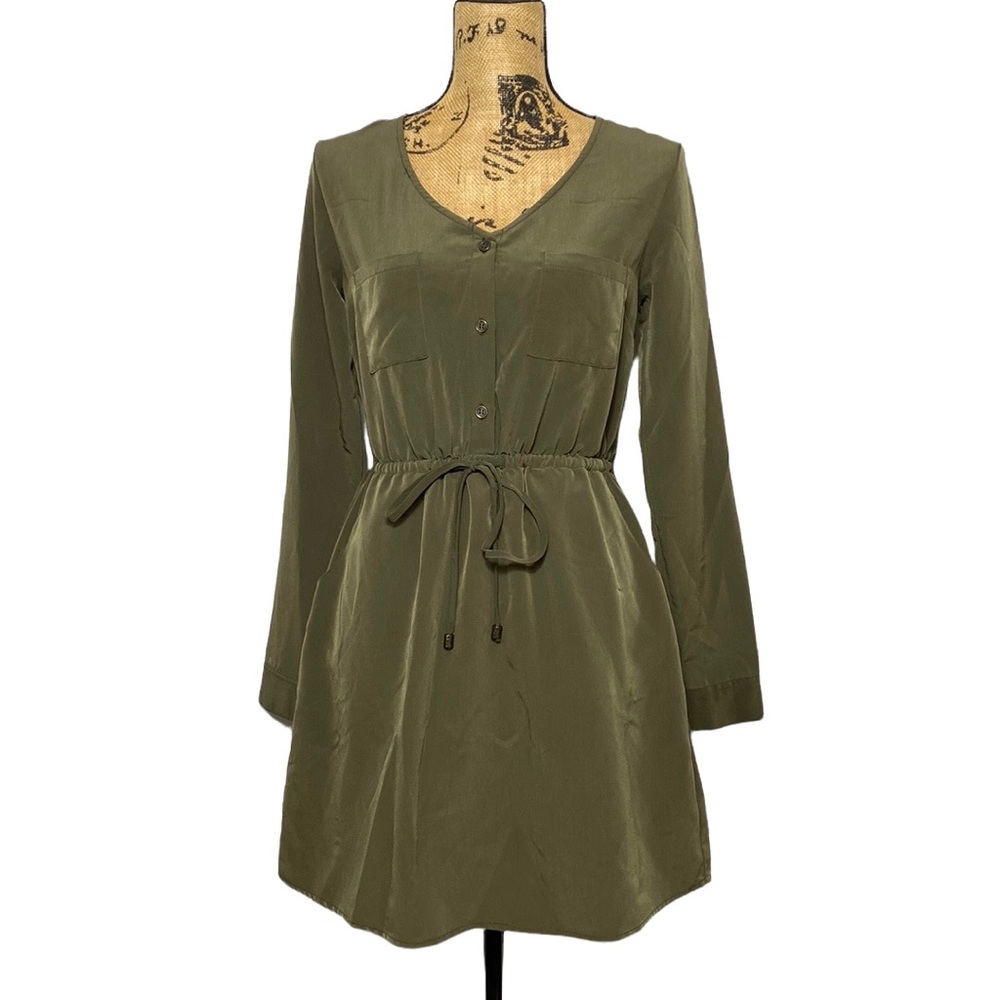 Olive Drawstring Waist Long Sleeve Mini Dress S